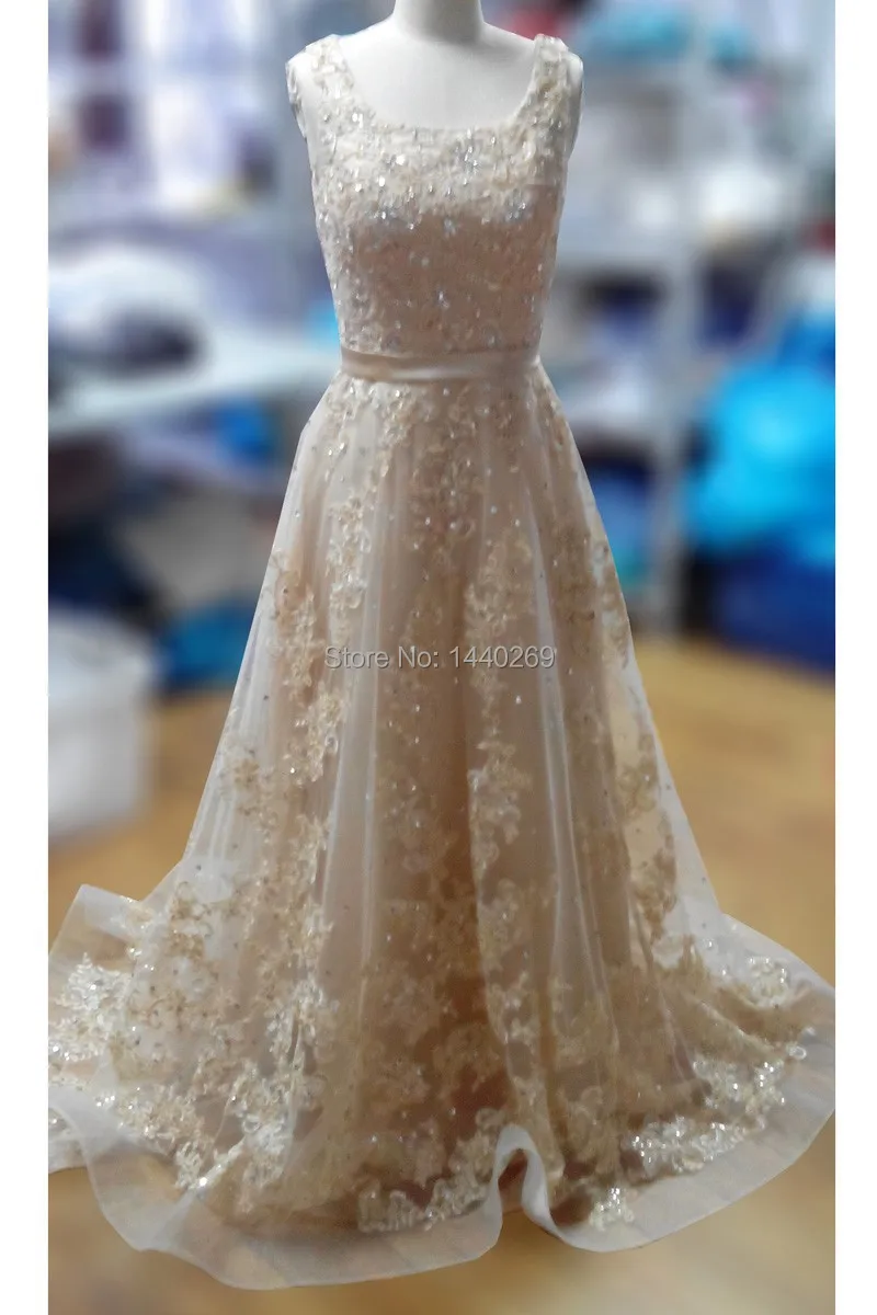 Свадебное платье из органзы цвета шампанского элегантное ТРАПЕЦИЕВИДНОЕ