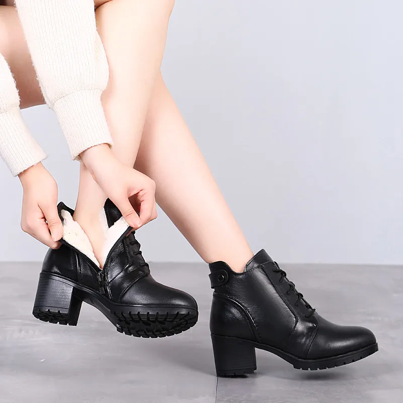 

MoonMeek 2020 genuine leather winter boots zip ladies thick high heels ankle boots comfortable keep warm wool snow boots women