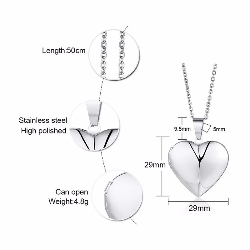 Vnox Light Heart Locket Pendants for Women Men Openable Photo Frame Glossy Stainless Steel Necklaces Family Love Collar images - 6