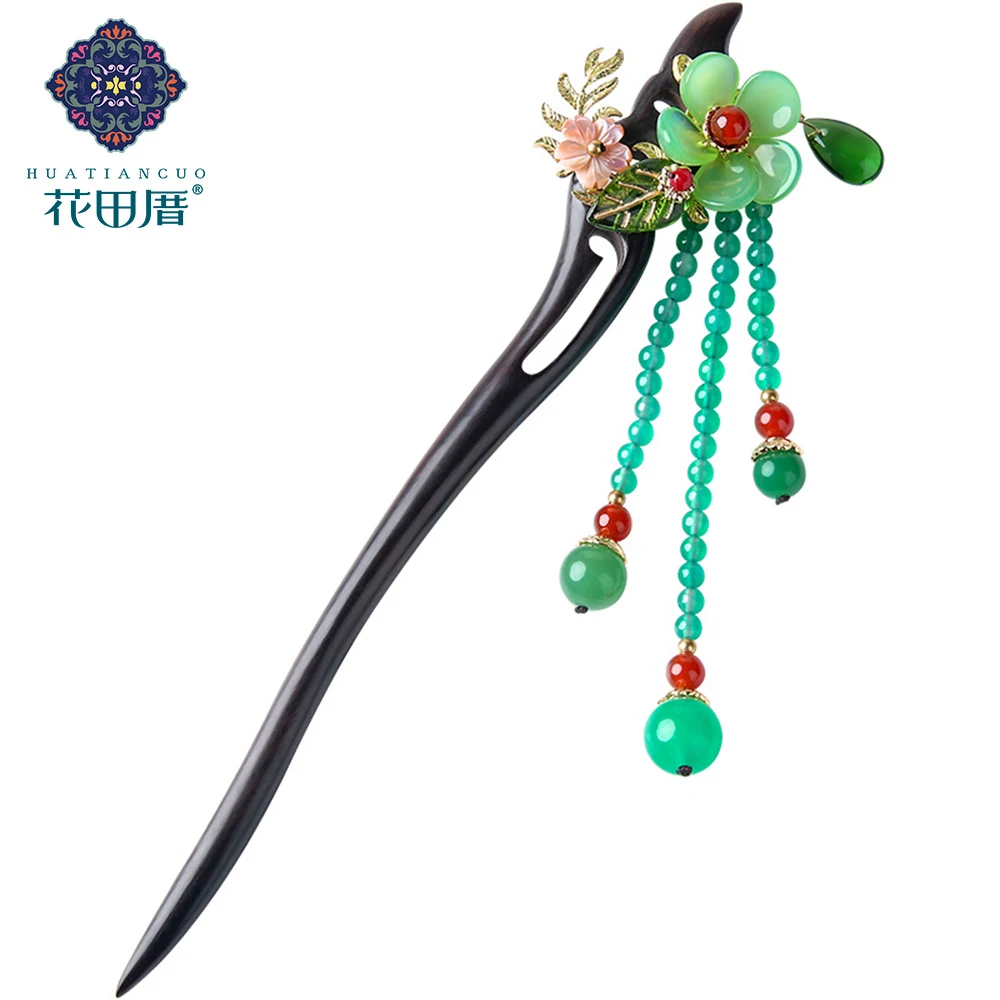 Ethnic Handmade Tassel Woman Hair Sticks Colored Glass Flower Leaves Pink Shell Green Red Stone Black And Ebony FZ-18126 | Украшения и