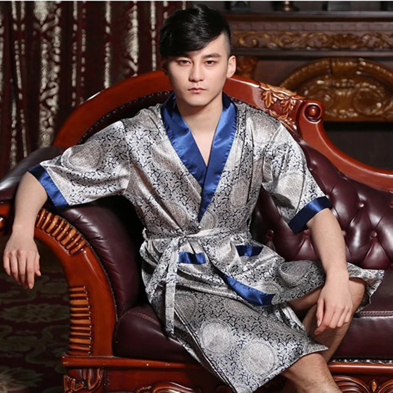 Summer men silk bathrobe half sleeve male robe flower sleepwear V neck print bath chiffon plus size | Мужская одежда