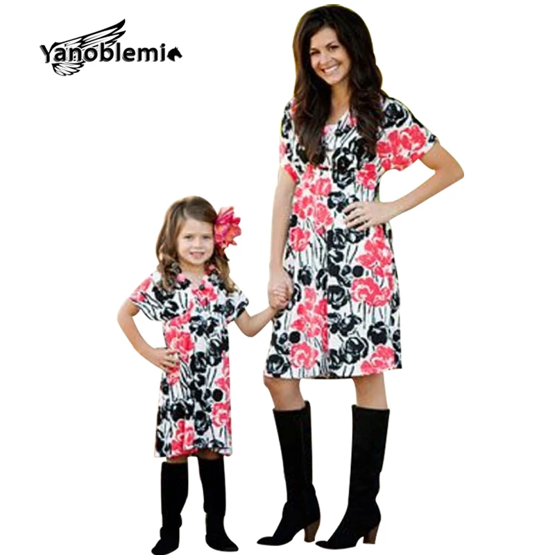 Платья для мамы и дочки сезон весна-лето платье с короткими рукавами девочек