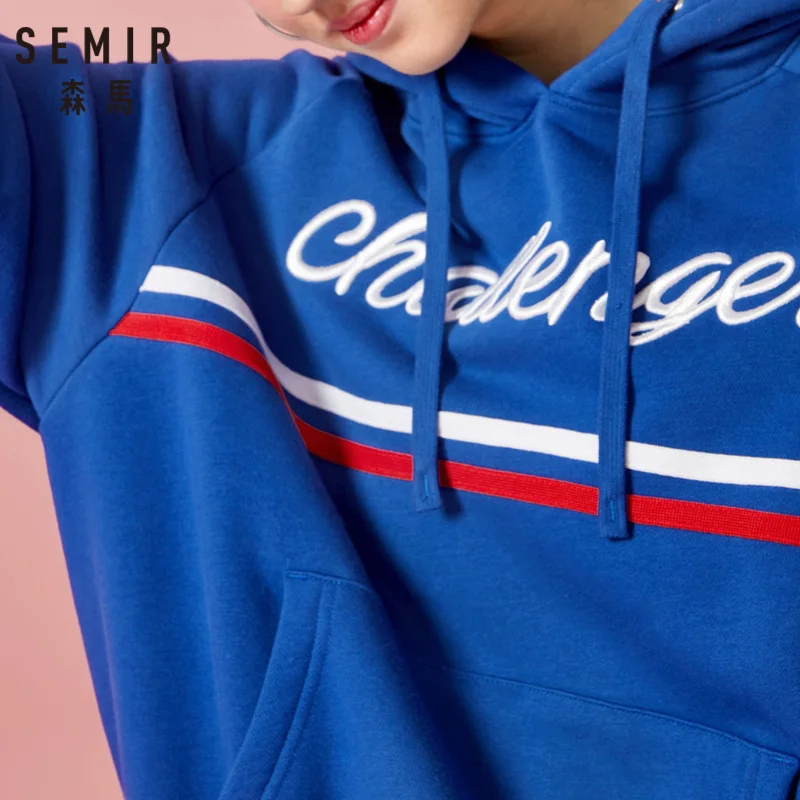 SEMIR Женская флисовая полосатая толстовка с капюшоном карманом-кенгуру вышитый