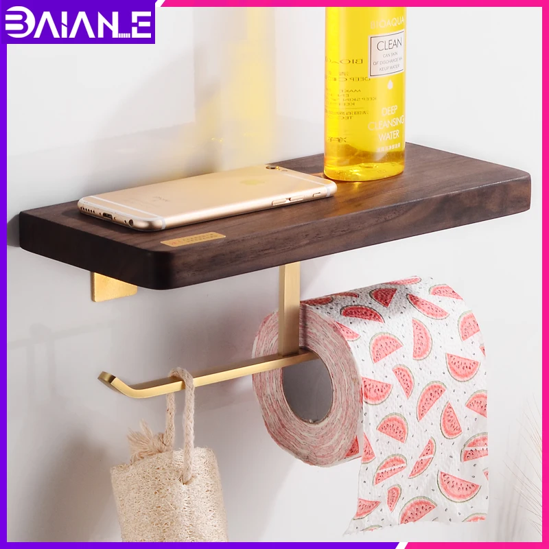 

Toilet Paper Holder with Shelf Wood Brass Decorative Double Roll Paper Towel Holder Wall Mounted Creative Tissue Hanging Rack