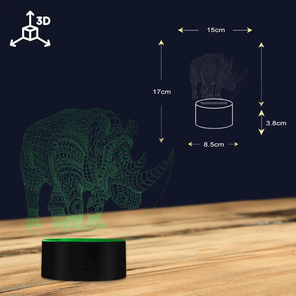 Rhinocero 3D многоцветная светодиодная лампа с животным дизайном Оптическая иллюзия