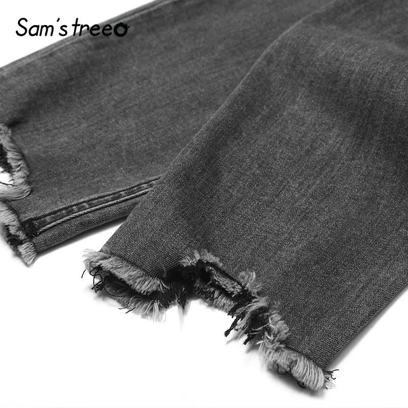 Samstree/однотонные женские джинсы, осень, модные потертые джинсовые узкие брюки, Уличная Повседневная Средняя талия, женские брюки длиной до щиколотки