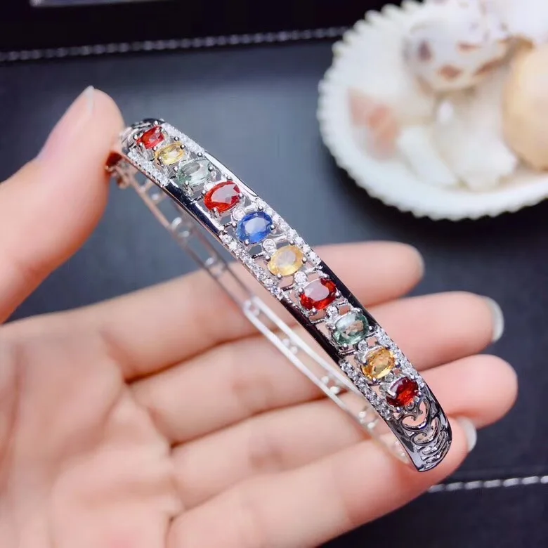 

Natural And Real Color Sapphire Bangle bracelet Free shipping Natural real Blue sapphire 925 sterling silver Fine jewelry