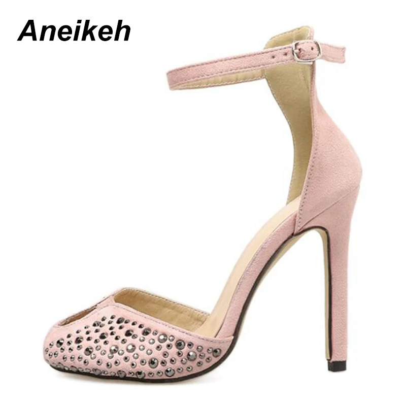 Aneikeh/ г. Летние пикантные модные женские туфли-лодочки Мэри Джейн туфли-лодочки на высоком каблуке 11 см вечерние туфли с открытым носком и ремешком на щиколотке со стразами