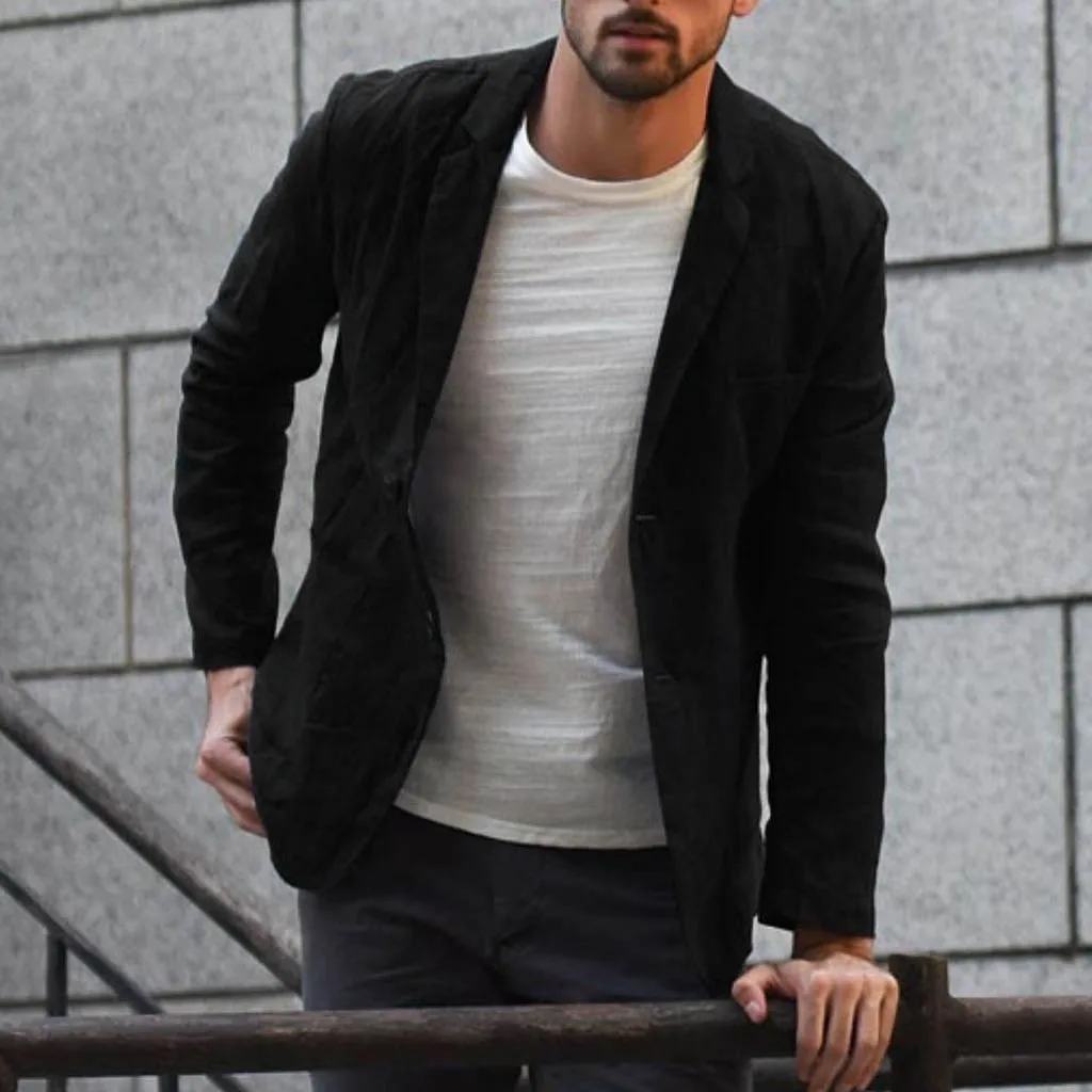 Hot Men Slim Fit Linen Blend Blazers Business Suits Solid Color Slim Dress Business Suit Long Sleeve Blazer Jacket Outwear