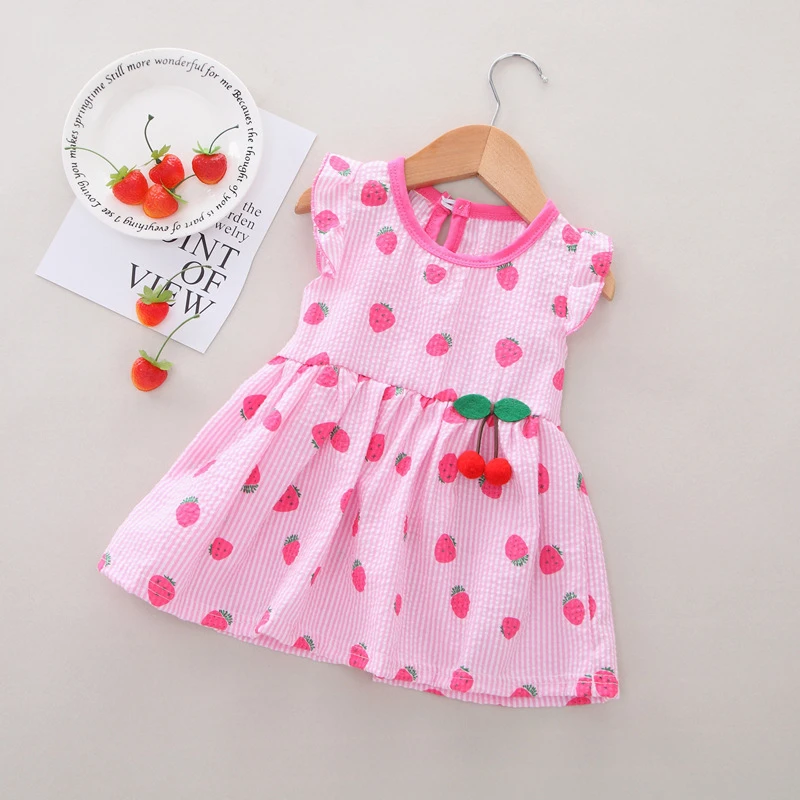 Toddler Baby Kids Girls Princess Dress Casual Clothes Fly Sleeve Fruit Strawberry Print Summer Girl | Детская одежда и обувь