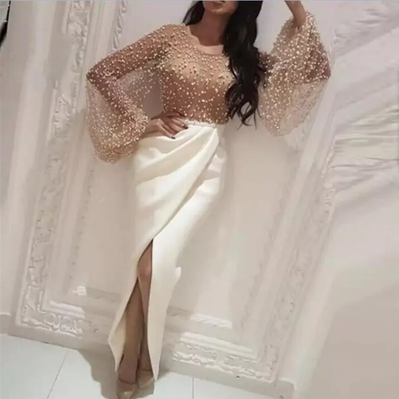 Женское вечернее платье с длинным рукавом Haute Couture белое разрезом сбоку и