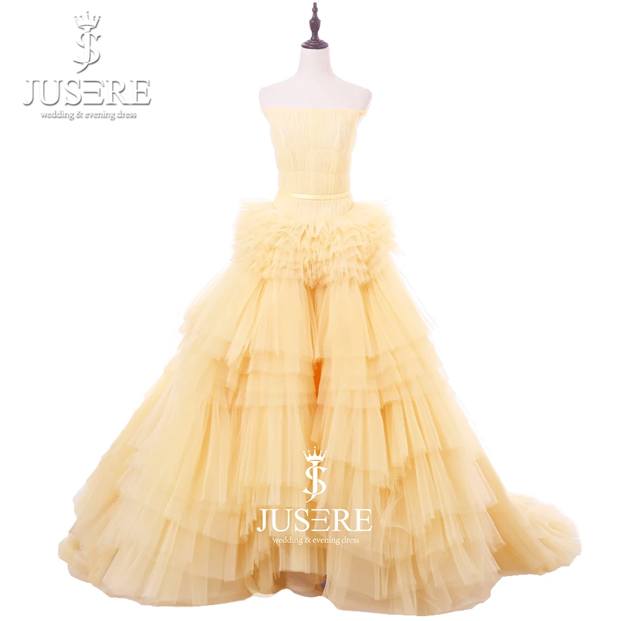 

Strapless Neckline A line Tiered Yellow Tulle Lace up Back Court Train Young New Arrival Prom Formal Evening Dresses
