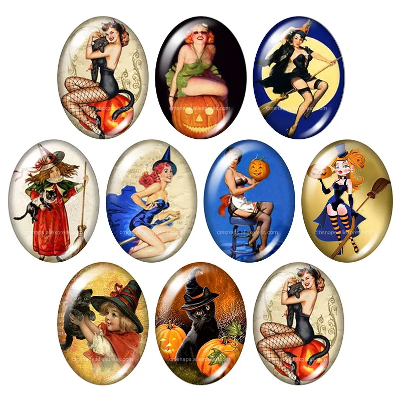 

Happy Halloween Witch pumpkin cat 13x18mm/18x25mm/30x40mm mixed Oval photo glass cabochon demo flat back Jewelry findings TB0044