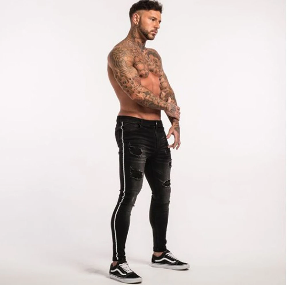 Skinny Jeans Men Ripped Black Side Stripe Stretch Slim Fit Elastic Biker Male Big Size Ankle Tight Guys | Мужская одежда