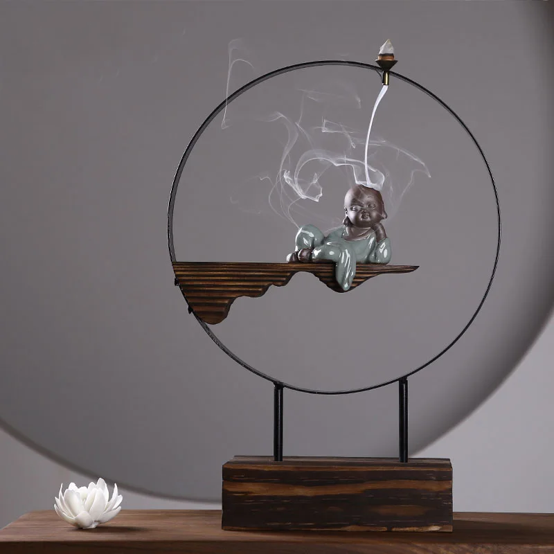 Дзен винтажная курильница железная художественная круглая деревянная основа