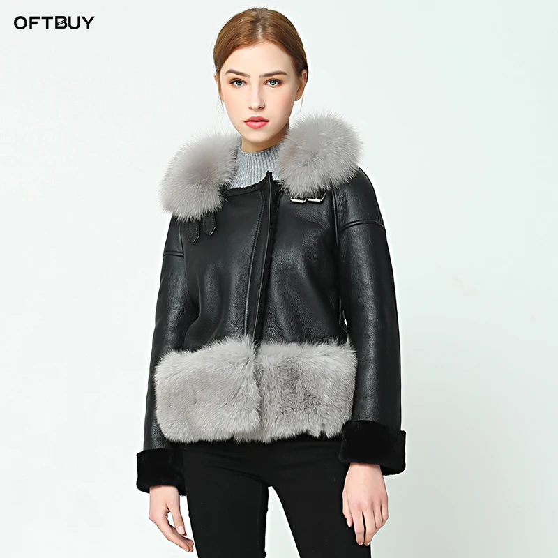 OFTBUY Новая повседневная зимняя куртка, пальто для женщин, двустороннее меховое пальто с воротником из лисьего меха, куртка из натуральной кожи, теплая подкладка из шерсти