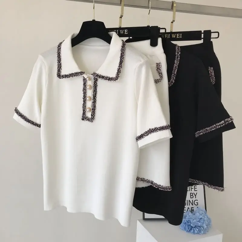 Летний комплект из двух предметов для женщин 2019 модный вязаный укороченный топ +