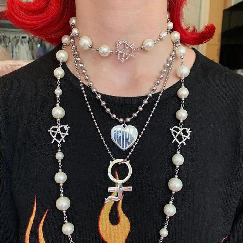 Ins 90s Igirl сердце кулон ожерелья для женщин Винтаж Harajuku нержавеющая сталь письмо бусины колье Крутые Девушки Панк Серебряная цепочка