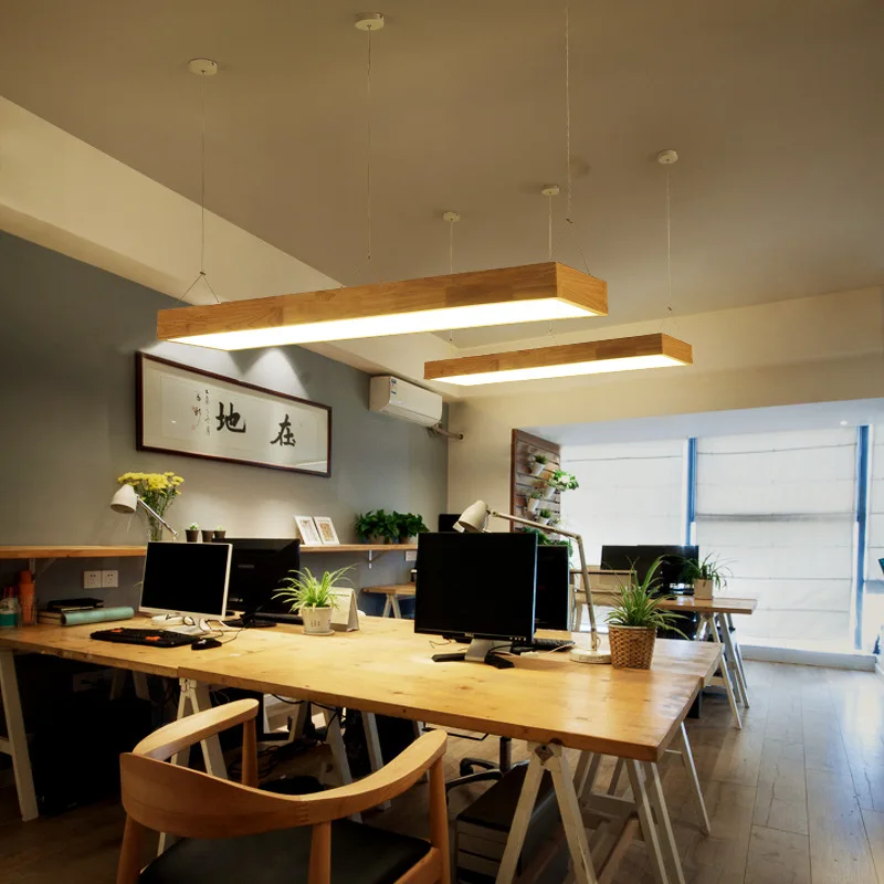 

Wooden dining room lamp simple Nordic study rectangular bar Japanese-style LED solid wood office Pendant Lights WF410932