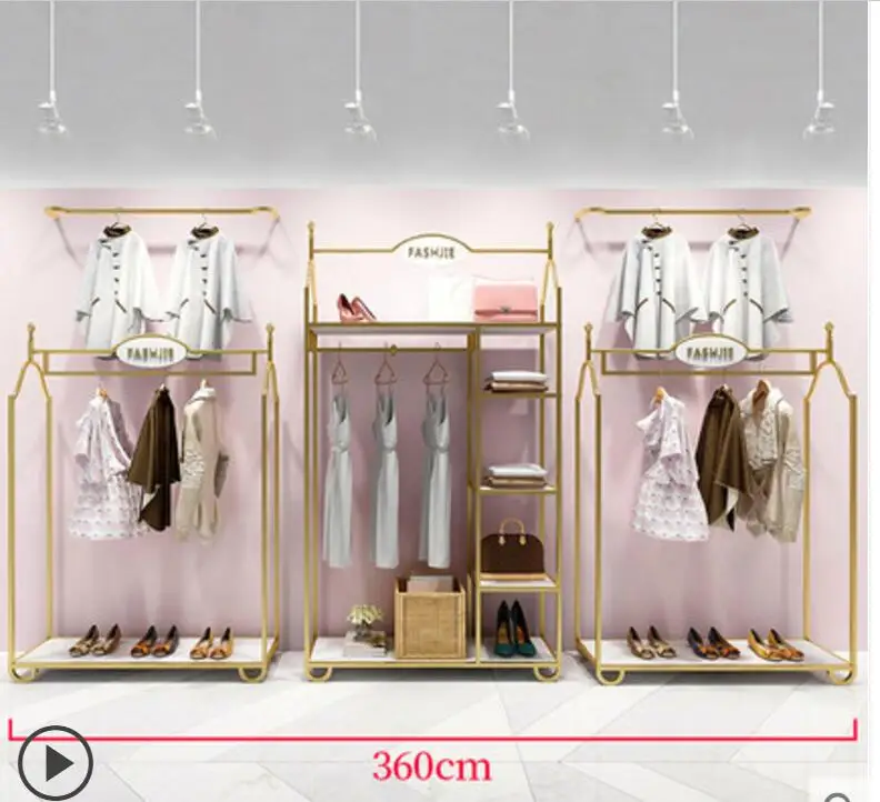 Europe type gold dress shop rack rack high grade clothes rack shoes bag double layer clothing display rack