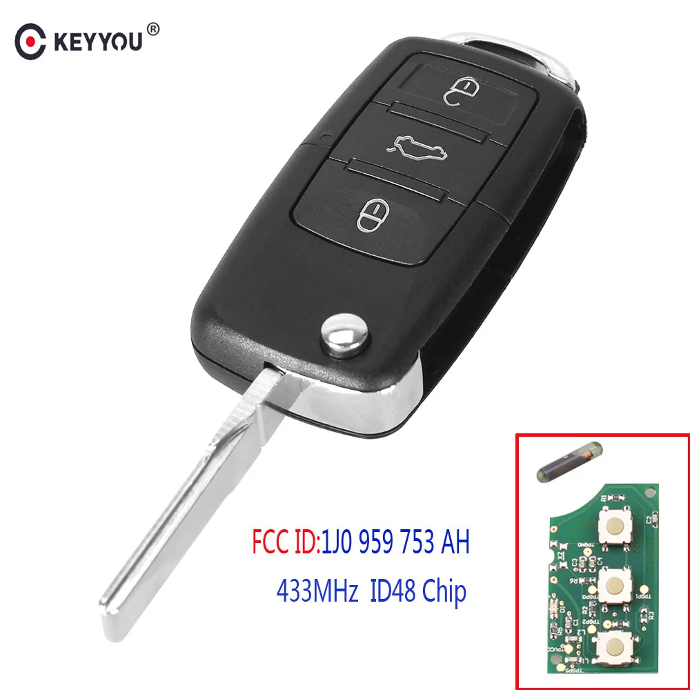 KEYYOU откидной складной 3 кнопки дистанционный ключ-брелок от машины для VW Volkswagen Beetle Polo Passat Skoda 1J0 959 753 AH 434Mhz с ID48