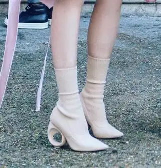 Boots Woman Breathable Sexy Circle Hollow High Heel Pointed Wool Knitted Stretch Boots Real Photos