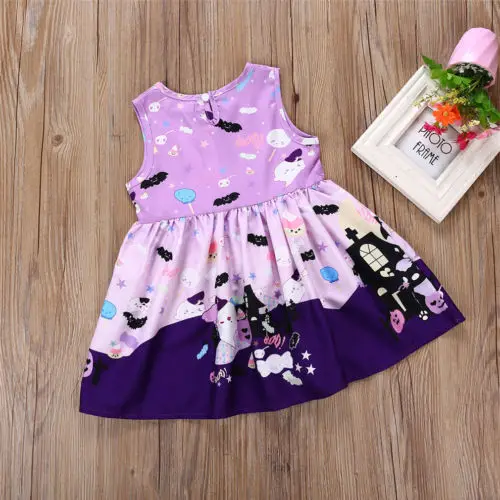 Новый Хэллоуин фиолетовое платье с цветочным рисунком для маленьких девочек