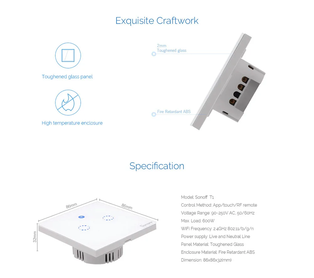 Интеллектуальный выключатель света Sonoff T1 Smart Wi-Fi настенный сенсорный выключатель ЕС выключатель света 1 Gang 2 Gang Touch/Wifi/433 RF/APP дистанционный контроллер для умного дома работать с Alexa
