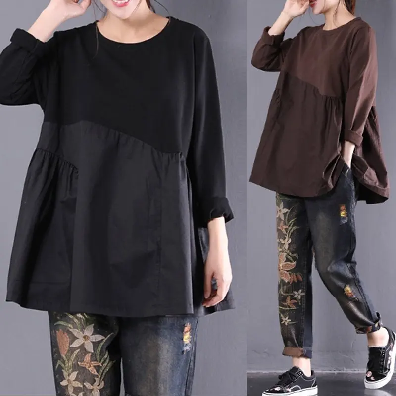 Large size women's T-shirt stitching plus 5XL 6XL 7XL 8XL summer round neck long sleeve loose black gray top | Женская одежда