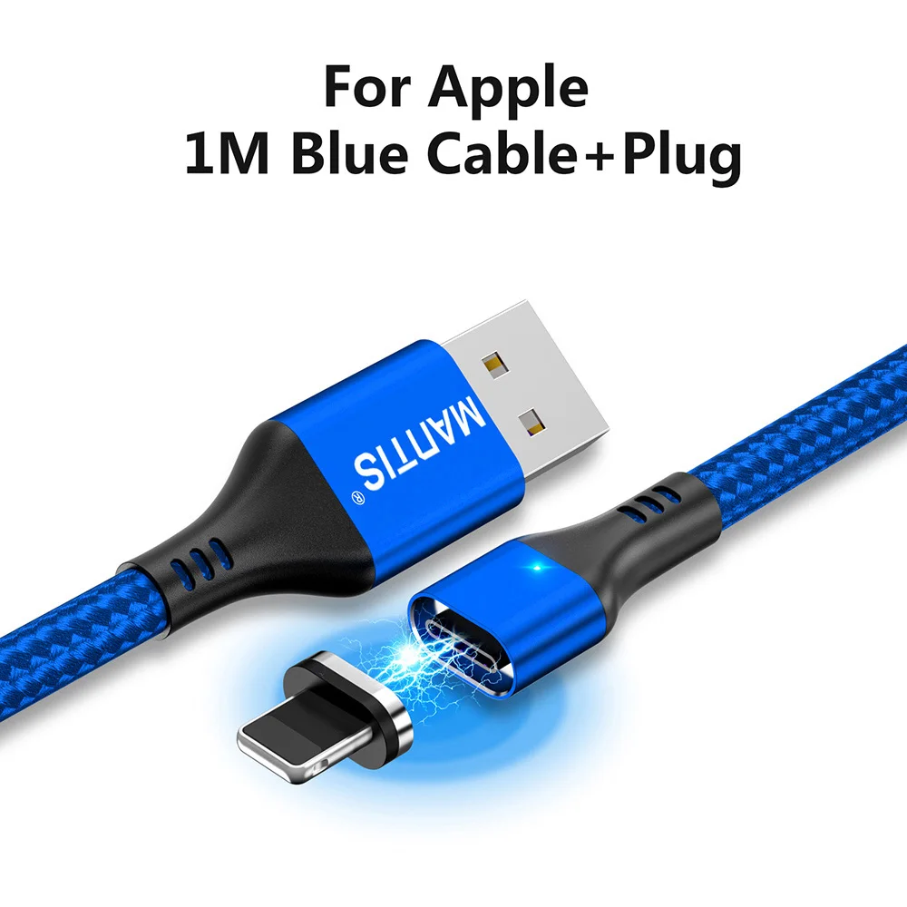 Blue for Apple Магнитный кабель MANTIS 3A Micro usb type-C для iPhone, samsung, Xiaomi, 3 в 1, кабель для быстрой зарядки и передачи данных для мобильных телефонов - Цвет: Blue for Apple