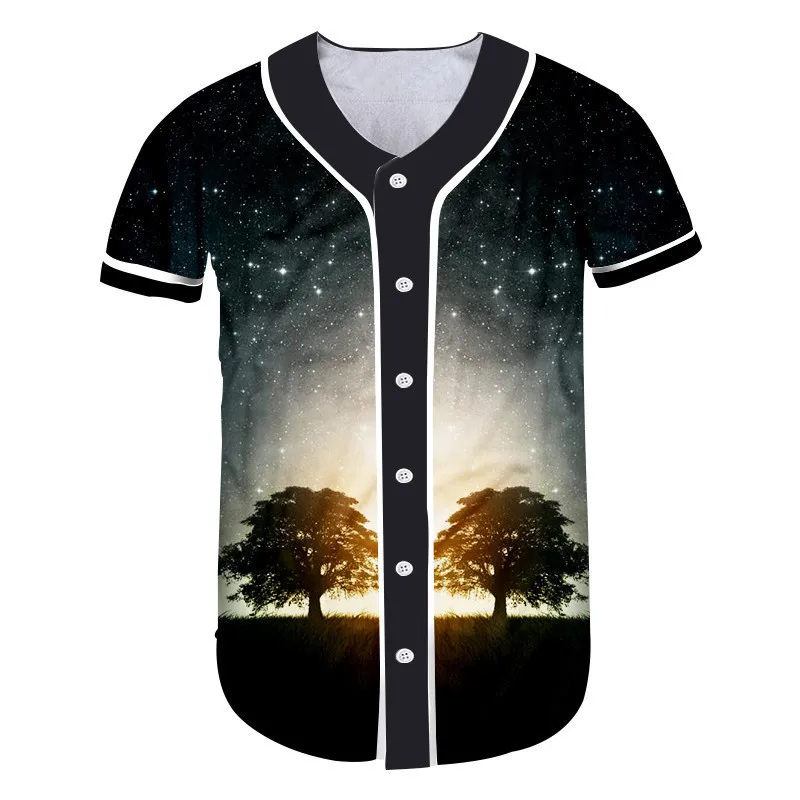 OGKB Women Hip Hop Rock Tshirt With Button Print Nightfall Tree 3d Baseball Femme O Neck Tee Shirts Unisex Tops Clothes | Женская одежда