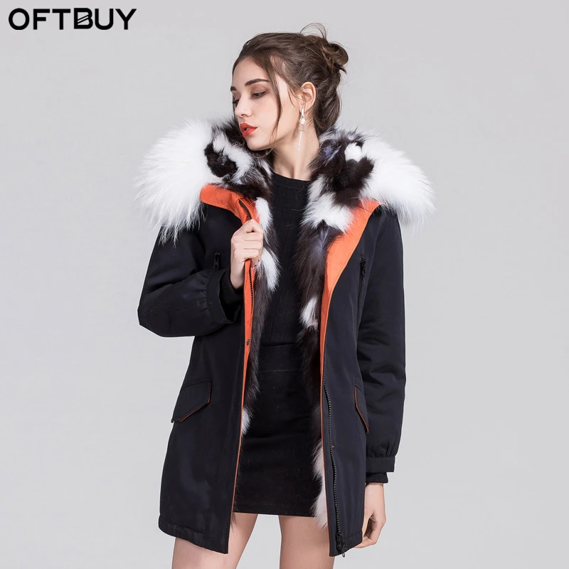 Oftbuy Новинка 2017 белая зимняя куртка женские парки пальто с мехом натуральным