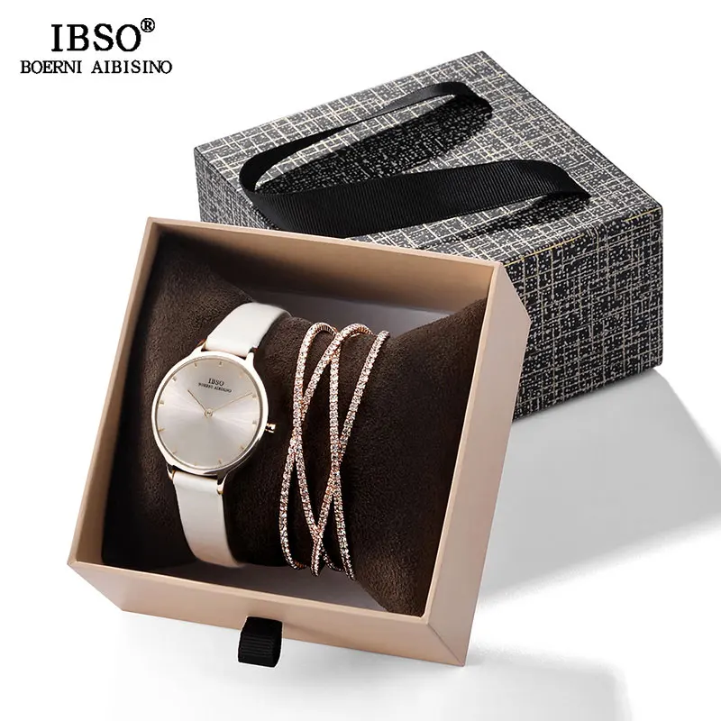 LM1001 white set IBSO женские кожаные часы набор розовый золотистый браслет со стразами ювелирные часы Рождественский подарок коробка для женщин ювелирные часы набор - Цвет: LM1001 white set