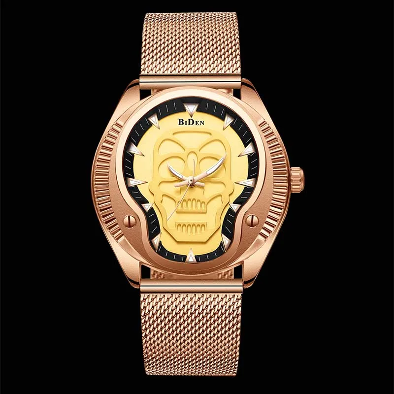 

Skull Mens Watches BIDEN Fashion Top Brand Luxury Full Steel Mesh Business Waterproof Quartz Sport Wrist Watch Men Clock Male