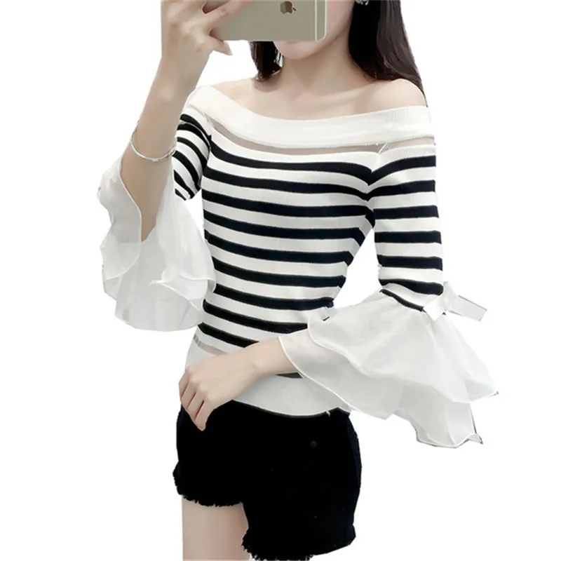 

2018 Women Slash Neck Sweater Autumn Mesh Patchwork Striped Knitted Pullovers Female Flare Sleeve Bow Sweaters Short Tops AB935