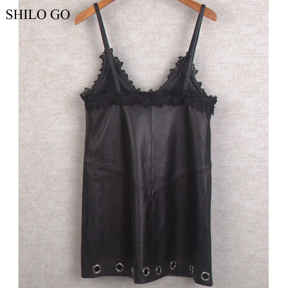 SHILO GO кожаное платье осеннее модное платье из натуральной овечьей кожи сексуальное кружевное платье с v-образным вырезом на тонких бретельках круглое металлическое платье с заклепками