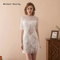 sexy sheer ivory straight short sleeves lace cocktail dresses 2018 featuring tassel short pearls party prom gowns robe cocktail