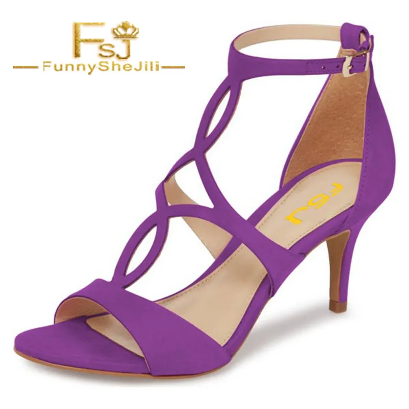 

FSJ Purple T Strap Sandals Open Toe Dressy Office Heels Summer Carnival Incomparable Generous Elegant Noble Attractive Fashion