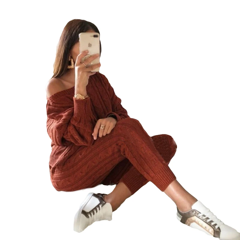 Twist Knitted 2 Piece Set Women Long Sleeve Pullover Sweater + Split Pants Sexy Lady Knitting trousers Suit | Женская одежда