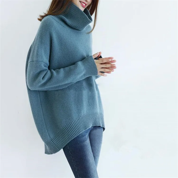 

goat cashmere thick knit women fashion high collar long irregular hem pullover sweater solid color one&over size