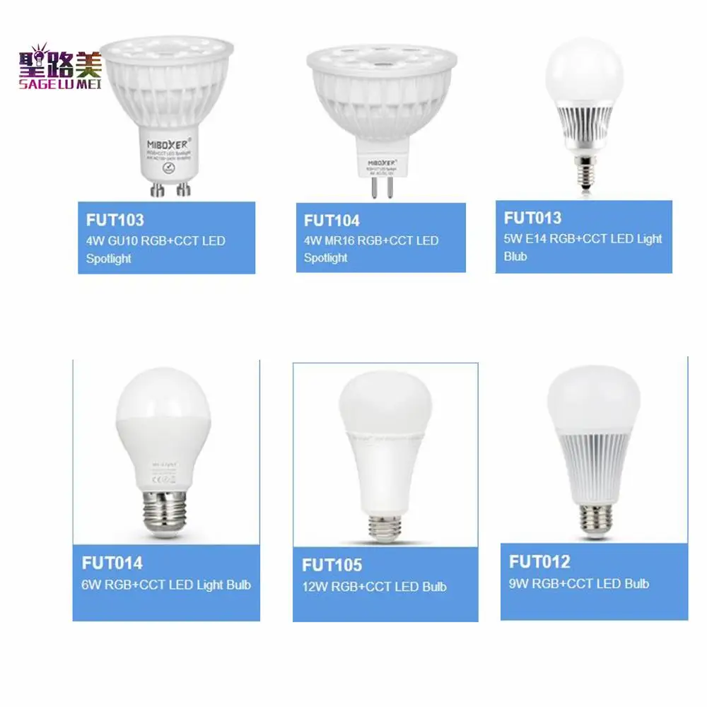 MiLight AC85V-265V 110V 220V E27 E14 GU10 MR16 4W 5W 6W 9W 12W RGB+CCT led bulb lamp work with Miboxer remote mobile phone APP