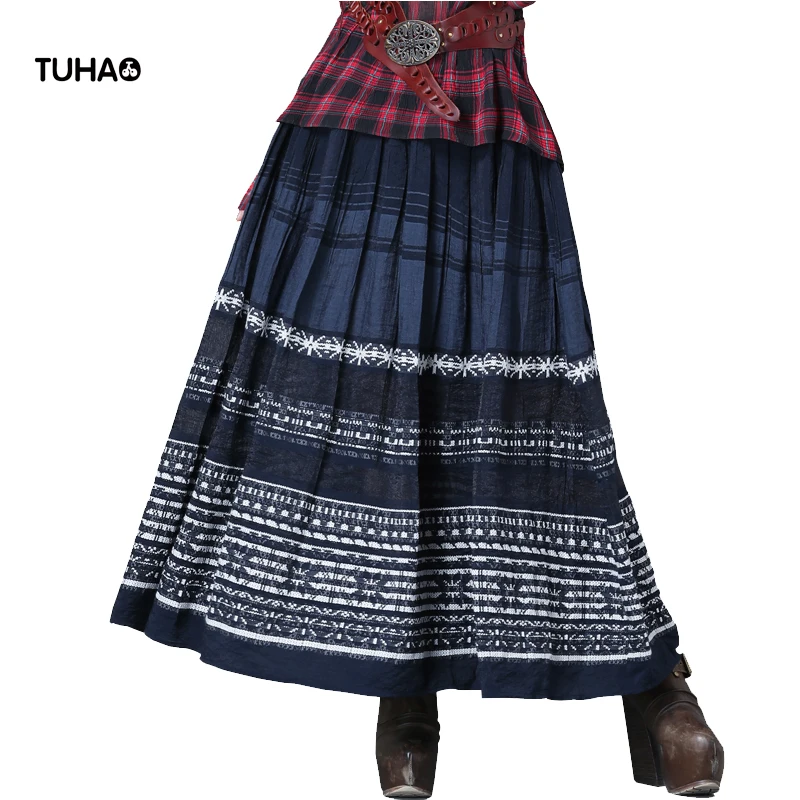 

TUHAO Spring Autumn Maxi Skirt Women Clothing Indie Folk Geometric Embroidery Pleated Big Swing Long Skirts Femme TX2211
