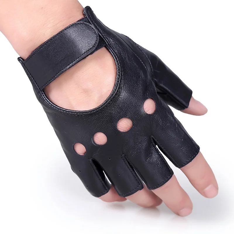 Semi-Fingers Gloves Male Female Classic Black Genuine Leather Half Finger Sheepskin Gloves Unisex Breathable Fitness Y4