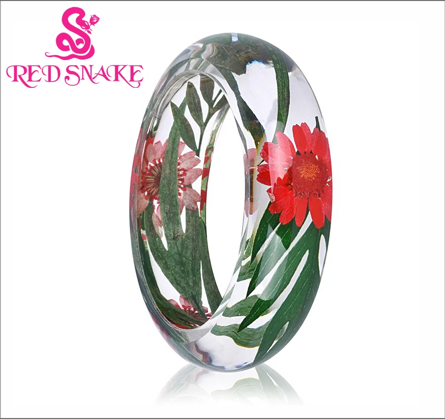 

RED SNAKE Fashion Pure Manual Red Flower with Green Leaves shape Inside Transparent Resin Bracelet for Women