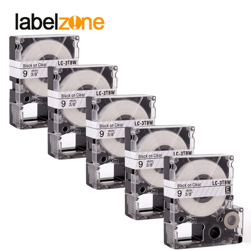 

5Pcs 9mm Black on clear compatible Epson LC-3TBW/ST9KW label tapes strong adhesive laminated lc3tbw label ribbon for KingJim