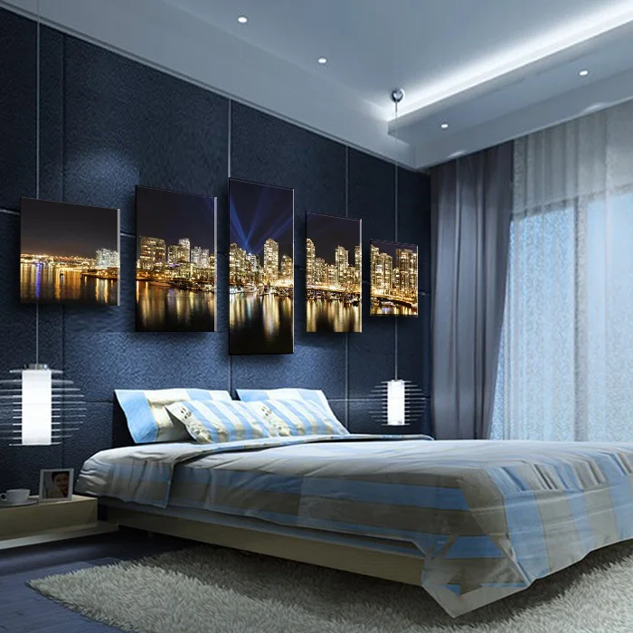 2017 красивый Городской Ночной пейзаж Современная Картина на холсте 5 шт. настенное