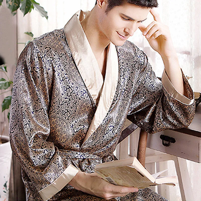 5XL Two-Piece Suit Home Mens Silk Robes Bathrobe Shorts Sets Male Nightwear Sleepwear For Man Kimono Soft Cozy Bath Gown