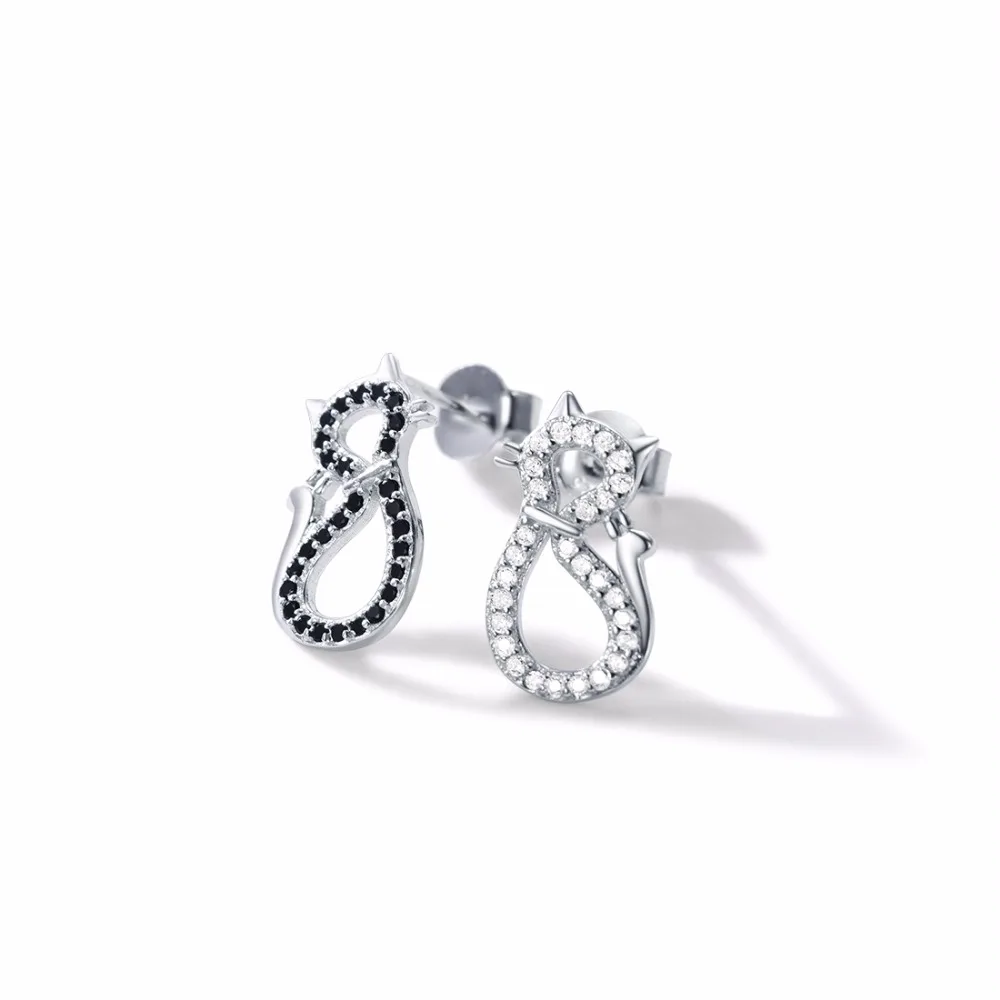 SILVERCUTE CZ черные/белые серьги-гвоздики с кошкой из стерлингового серебра 925 пробы