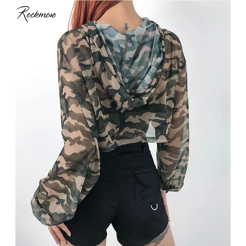 Rockmore модная свободная камуфляжная Сетчатая футболка с капюшоном женская