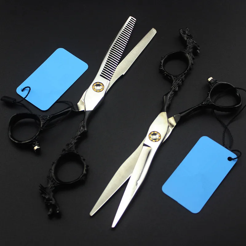 Custom japan 440c 6 inch black Dragon hair cutting scissors barber makas thinning shears haircut scissor hairdressing | Красота и
